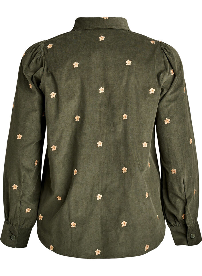 Corduroy shirt with embroidered flowers, Green, Packshot image number 1