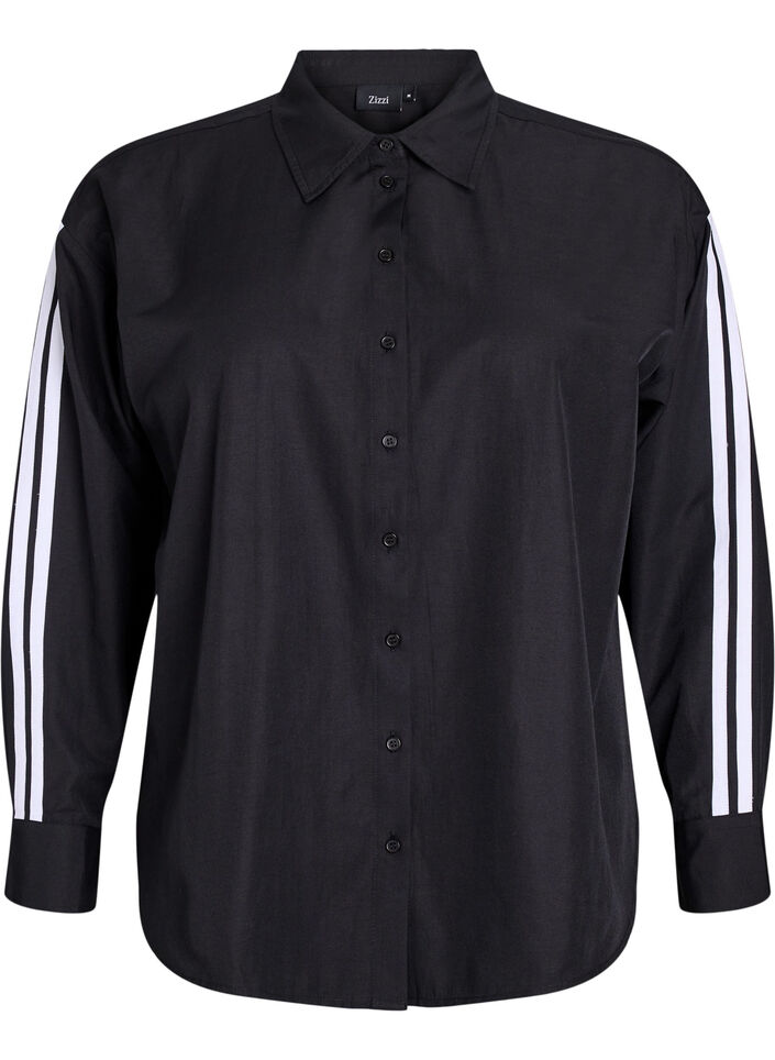 Loose shirt with sporty stripes on the sleeves, Black, Packshot image number 0