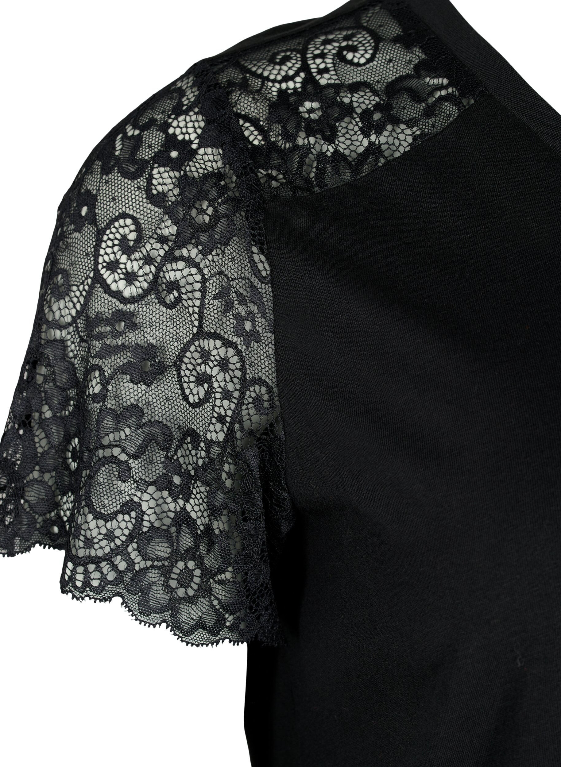 Zizzifashion Cotton T-shirt with short lace sleeves, Black, Packshot image number 3