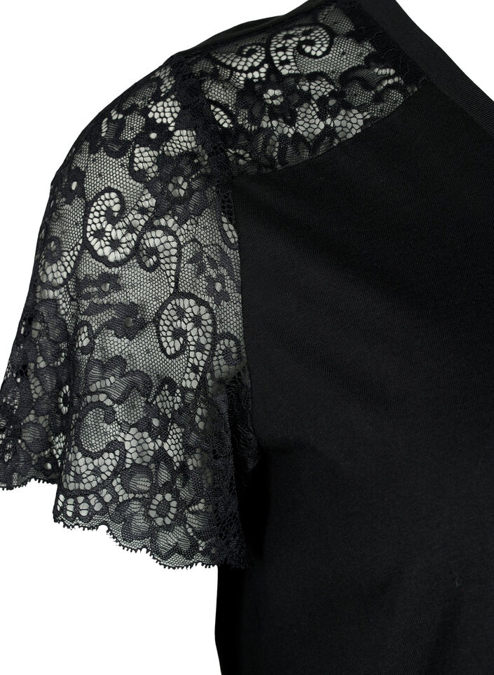 Cotton t-shirt with short lace sleeves, Black, Packshot image number 3
