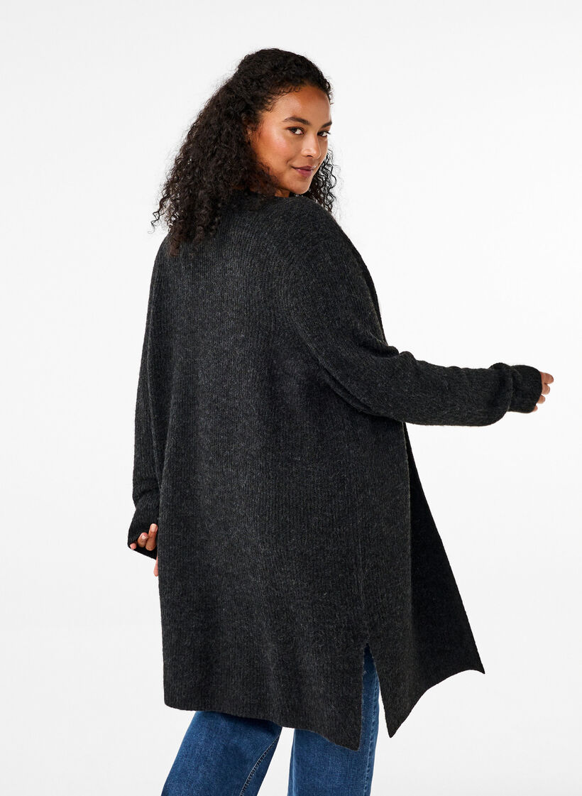 FLASH - Ribbed cardigan with slits, Dark Grey Melange, Model image number 1