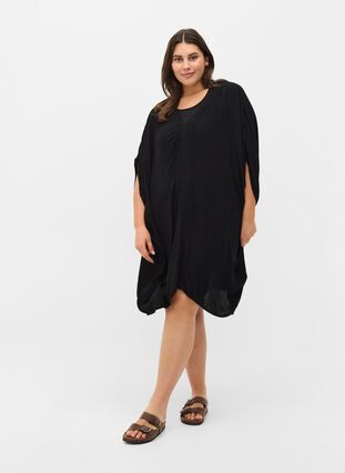 Viscose beach dress with lace details, Black, Model image number 2
