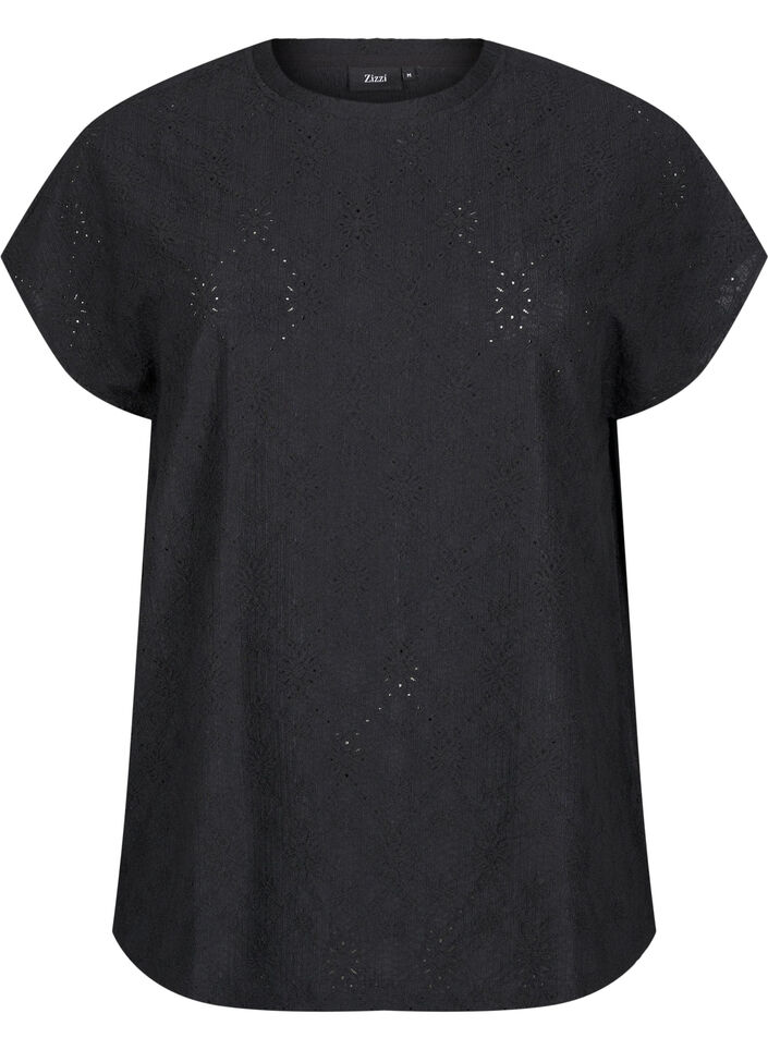 Blouse with short sleeves and floral embroidery, Black, Packshot image number 0