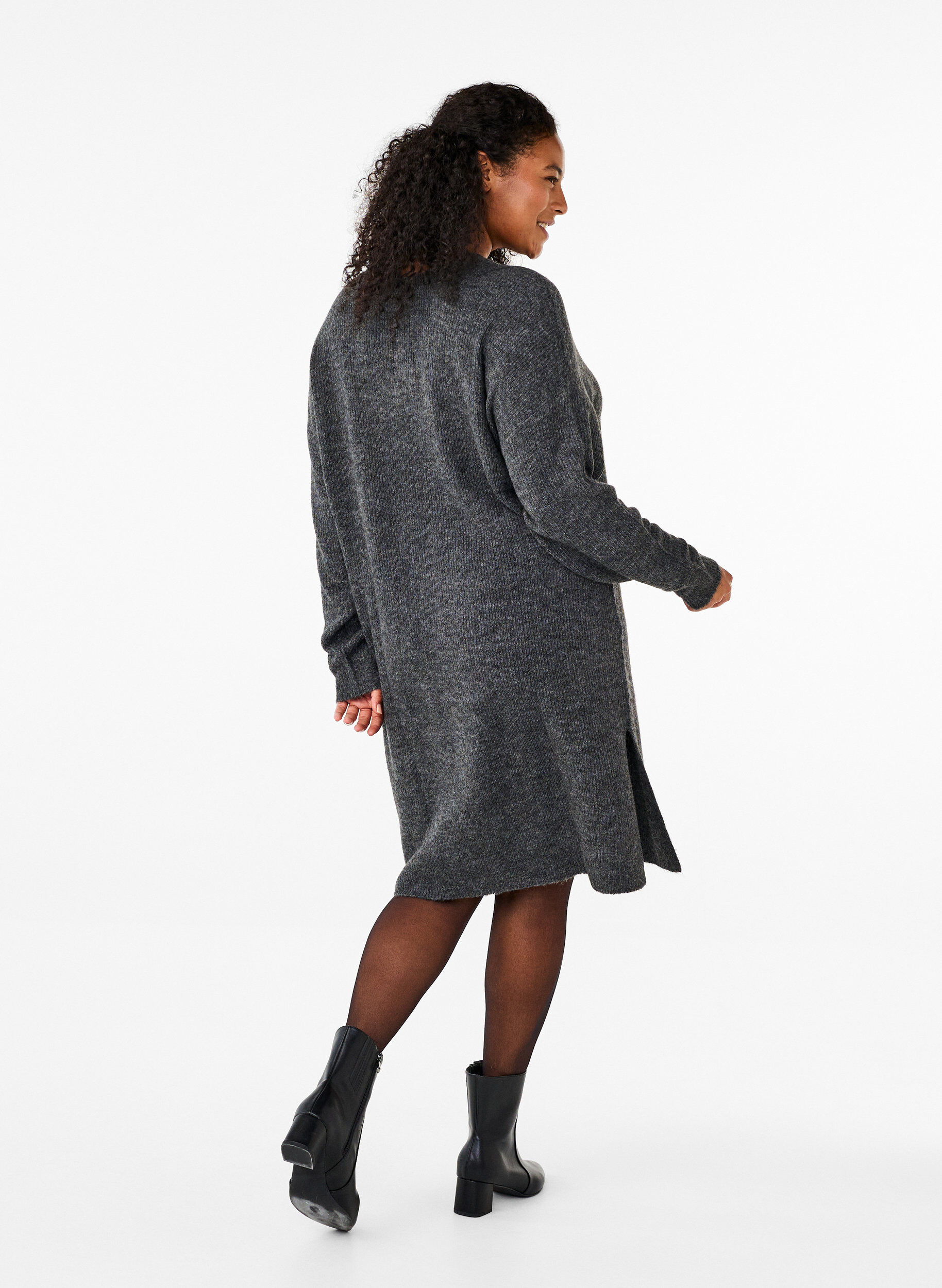 Zizzifashion Long sleeved rib knit dress, Dark Grey Black Mel., Model image number 1
