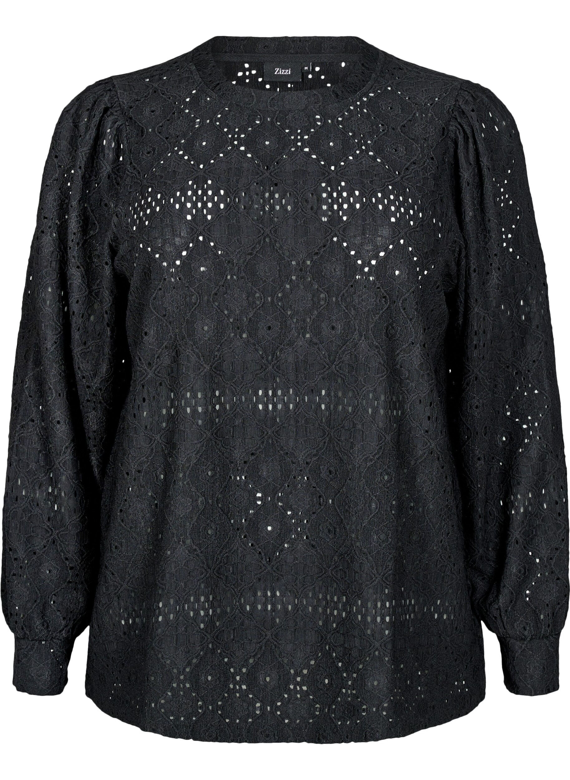 Zizzifashion Long-sleeved blouse with an openwork pattern, Black, Packshot image number 0