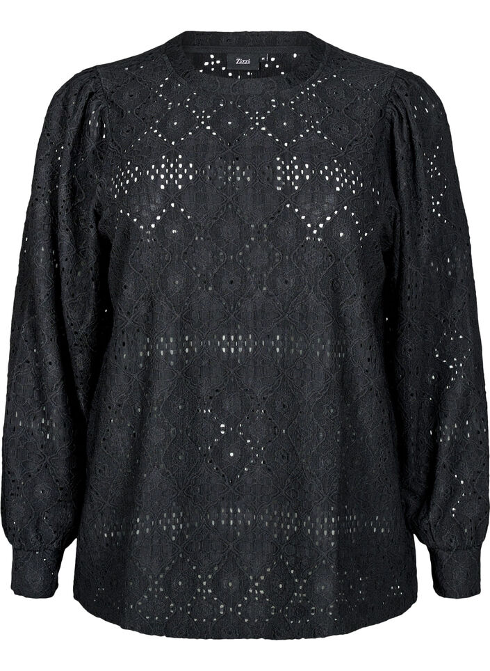 Long-sleeved blouse with an openwork pattern, Black, Packshot image number 0