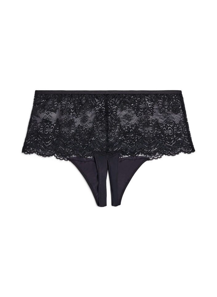 Lace hipster thong with an opening at the bottom, Black, Packshot image number 1
