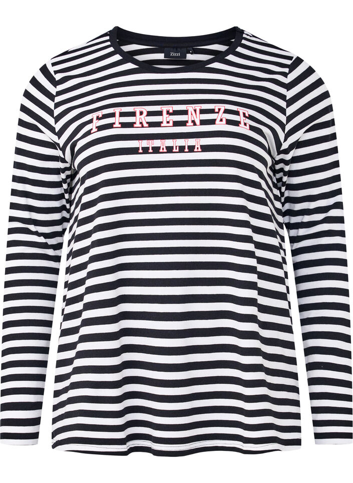 Striped blouse with motif, White w.Black Stripe, Packshot image number 0