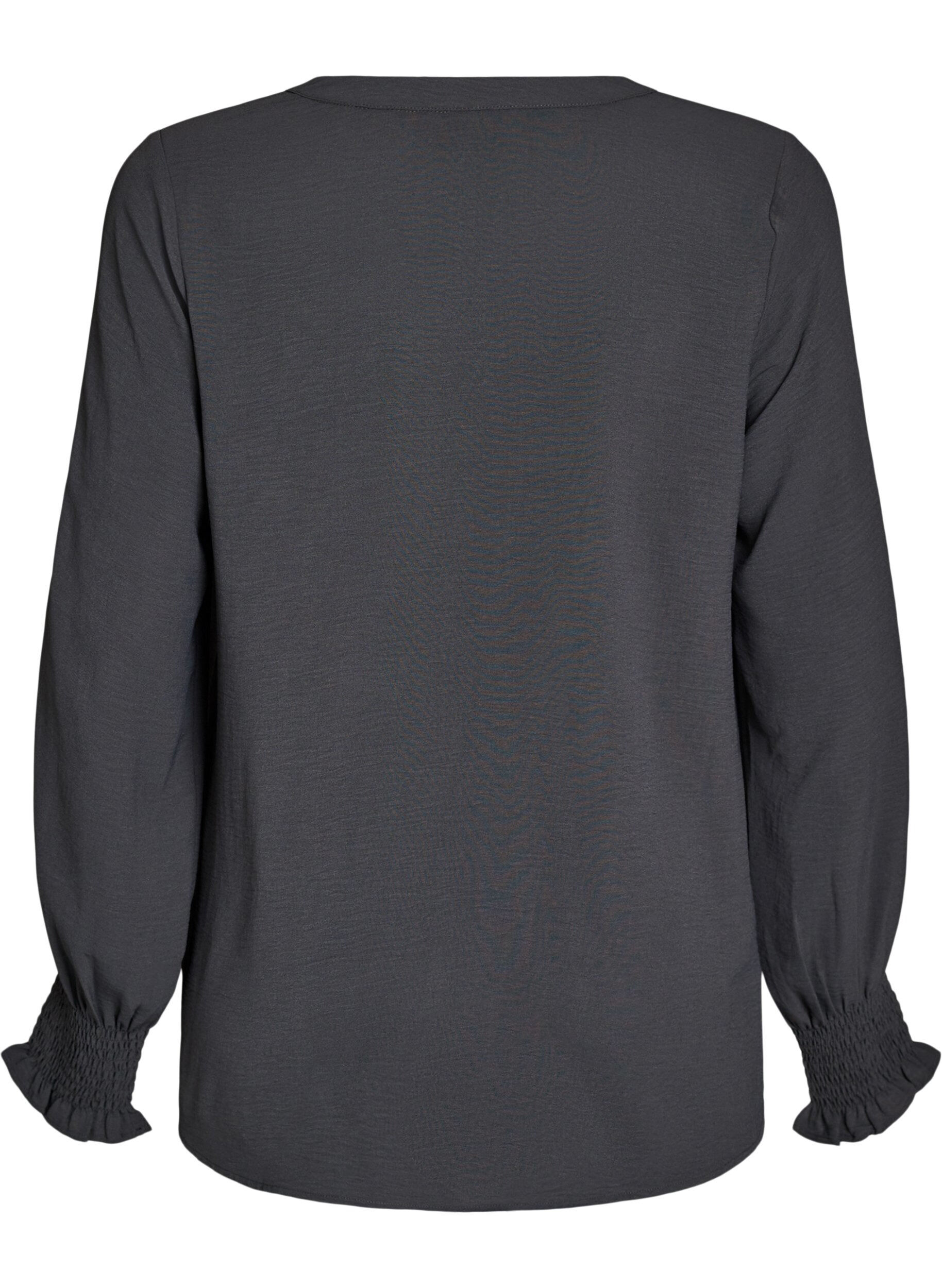 ZizzifashionBlouse with smock cuffs and V-neck, Dark Grey, Packshot image number 1