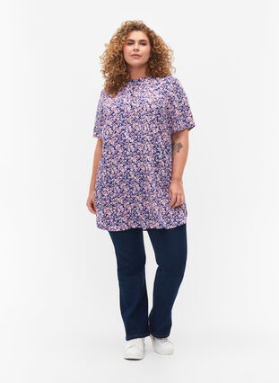 FLASH - Floral tunic with short sleeves, Strong Blue Flower, Model image number 2