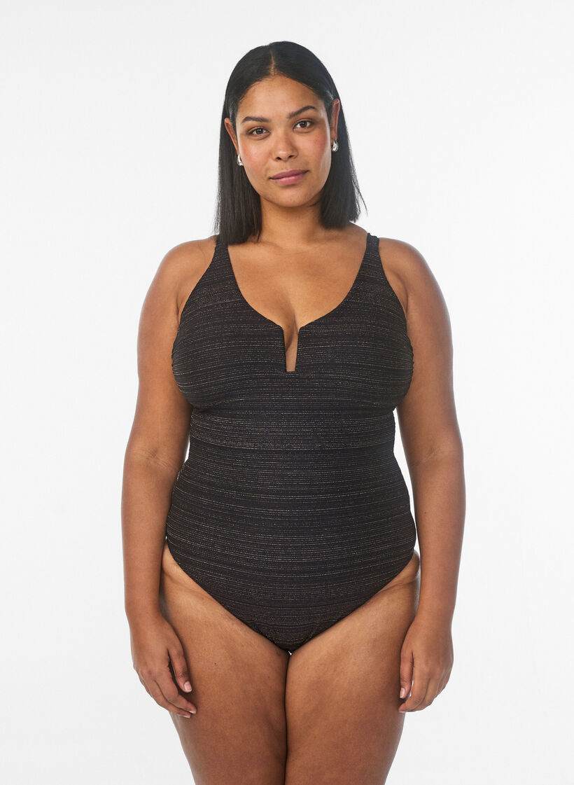 Swimsuit with textured stripe and front detail, Black, Model