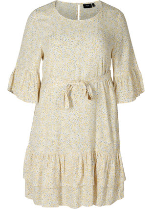 Printed viscose dress with tie belt in the waist, Yellow AOP Flower, Packshot image number 0