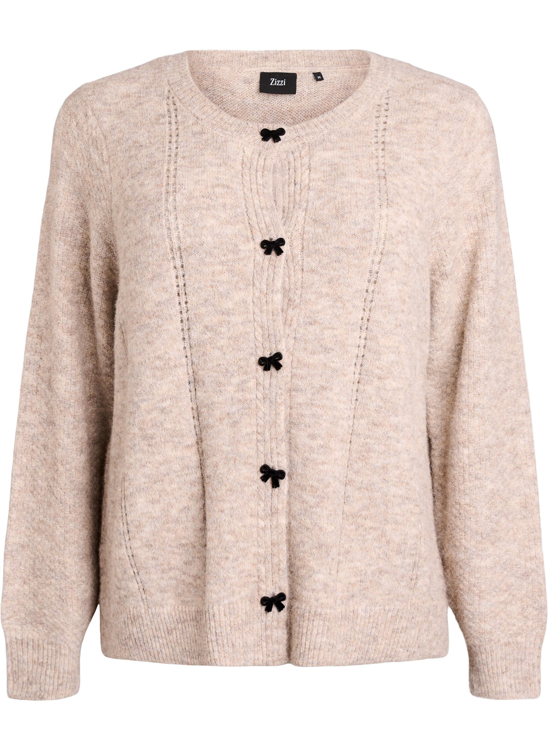 ZizzifashionCardigan with bow buttons and openwork pattern, Beige, Packshot image number 0