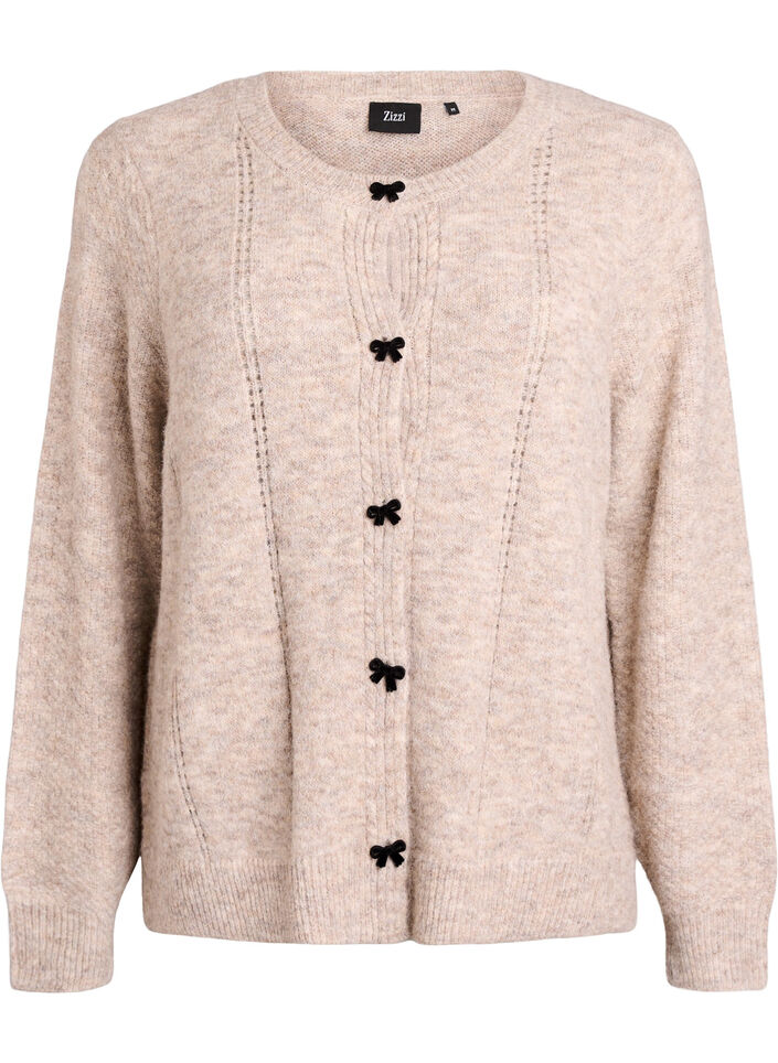 Cardigan with bow buttons and openwork pattern, Beige, Packshot image number 0