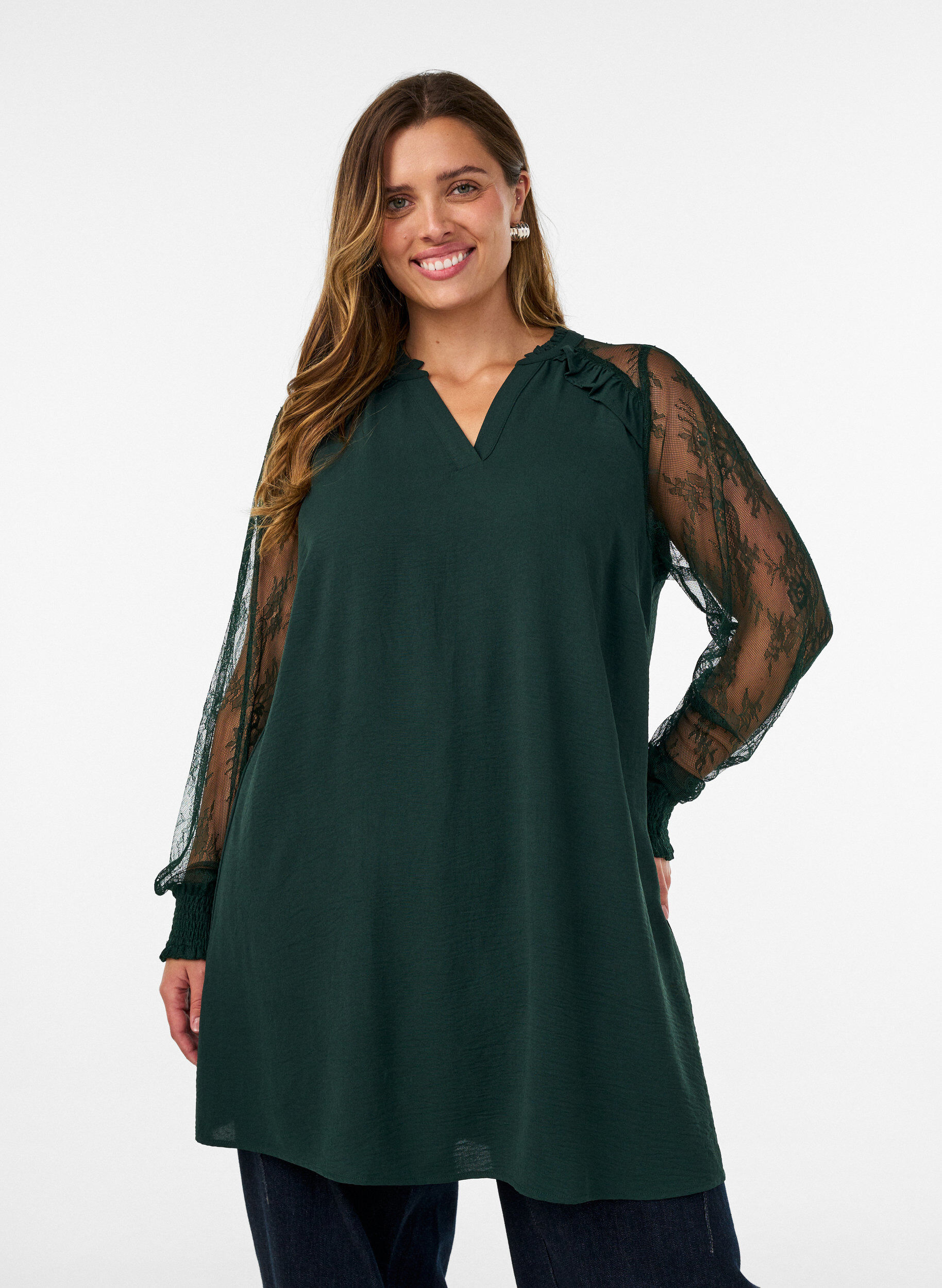ZizzifashionTunic with sheer lace sleeves, Green, Model image number 0