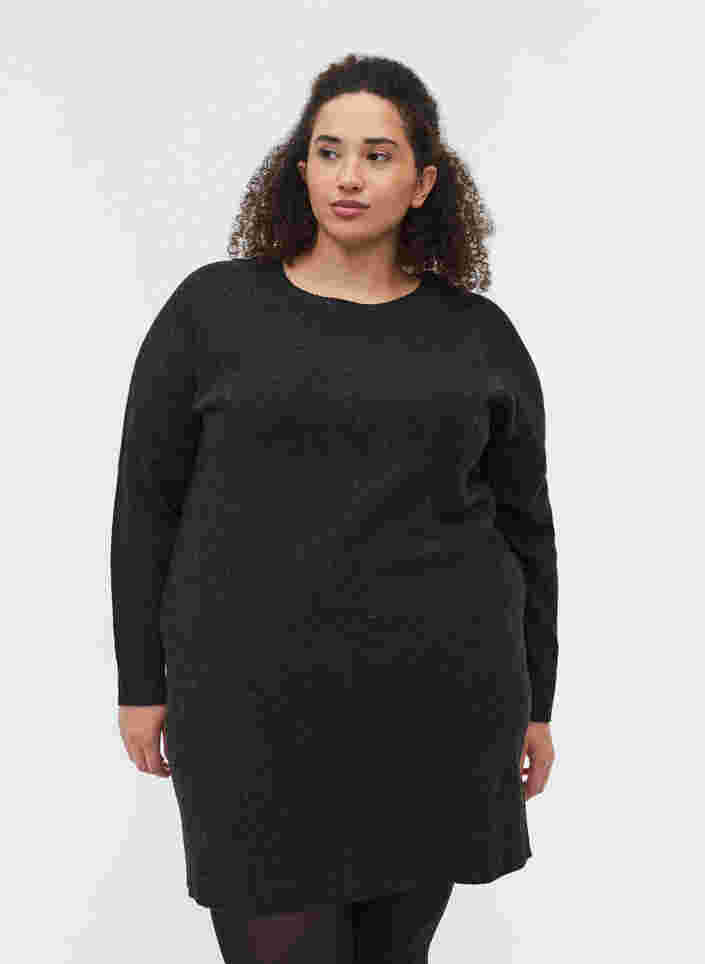 Long-sleeved, marled knitted dress with rounded neckline, Dark Grey Melange, Model image number 0