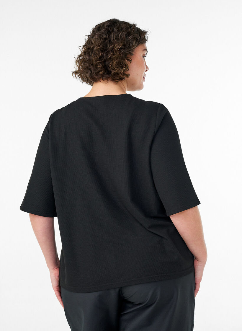 Blouse with a ribbed texture and button closure, Black, Model image number 2