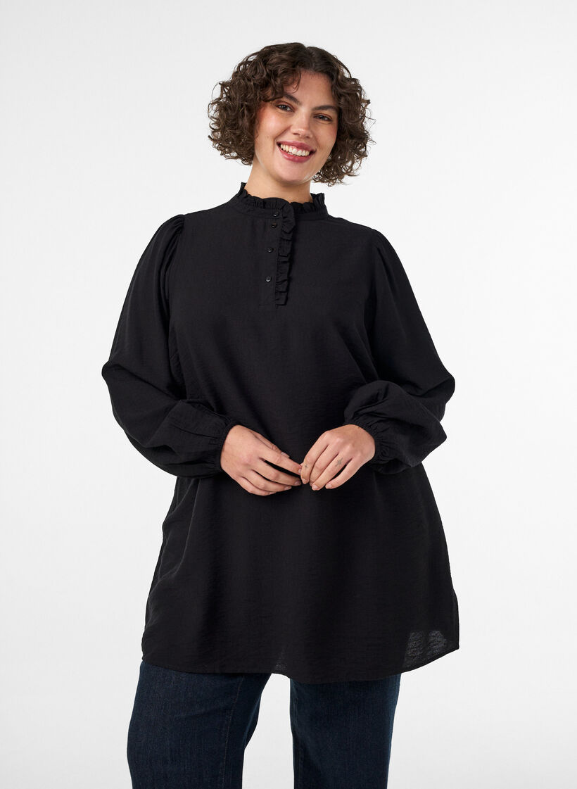 Viscose tunic with ruffles and buttons, Black, Model image number 0