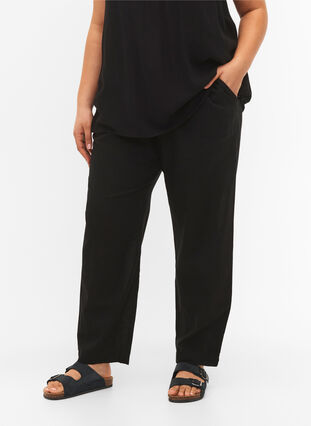 Plain cotton trousers with linen, Black, Model image number 2