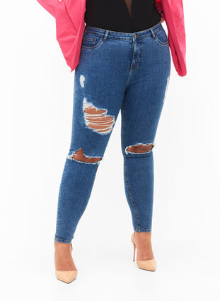 Tight-fitting jeans with rip details, Blue denim, Model image number 2