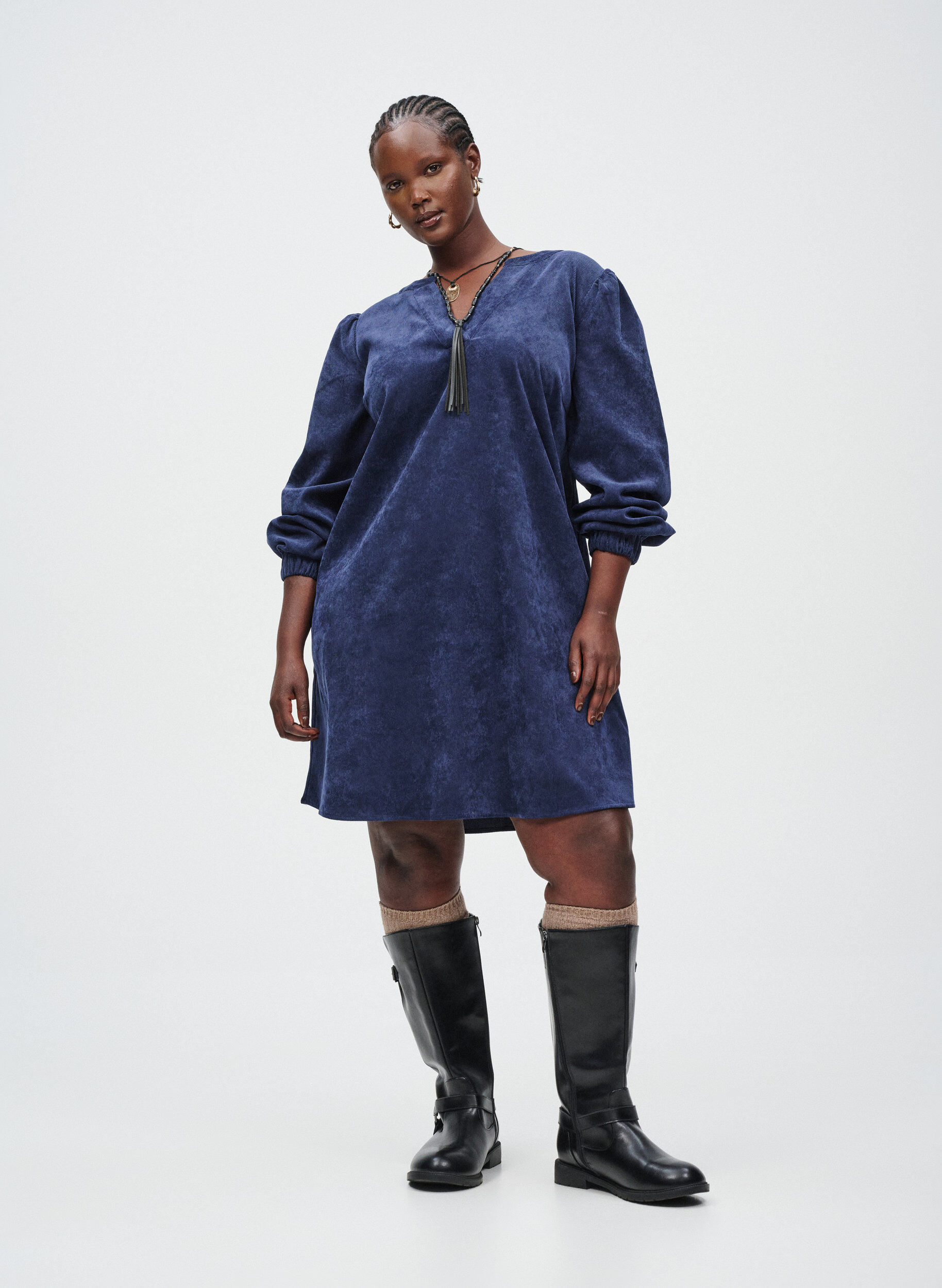 Zizzifashion Short velvet dress with long sleeves, Blue, Image image number 0