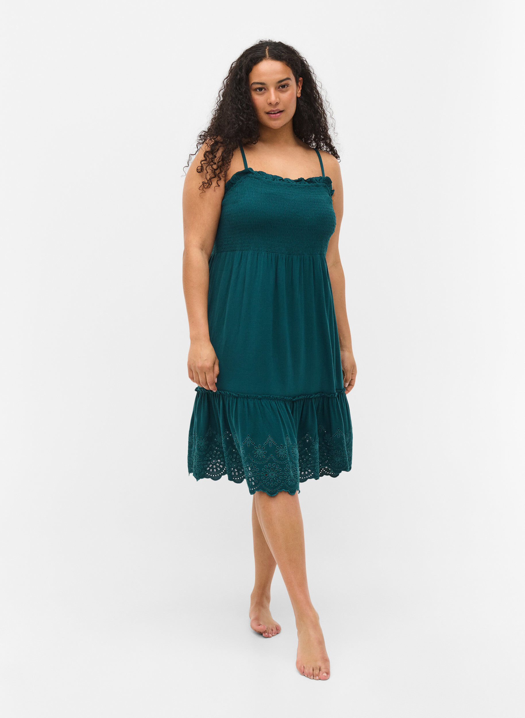 Zizzifashion Viscose smock beach dress with embroidery anglaise, Deep Teal, Model image number 2