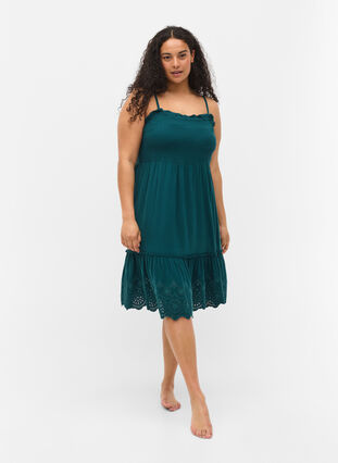 Viscose smock beach dress with embroidery anglaise, Deep Teal, Model image number 2