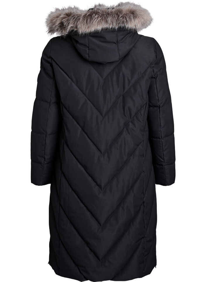 Long winter coat with hook fastenings and a faux fur collar, Black, Packshot image number 1