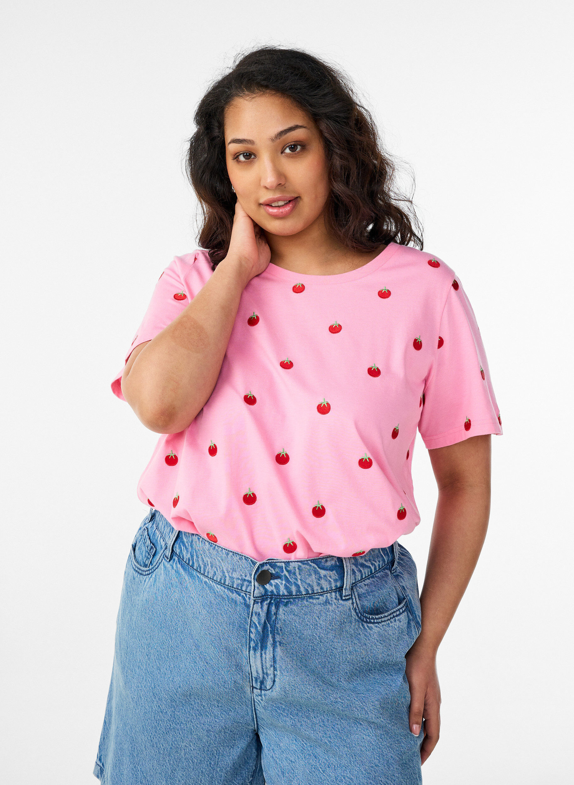 ZizzifashionT-shirt in organic cotton with embroidered motifs, Pink, Model image number 0