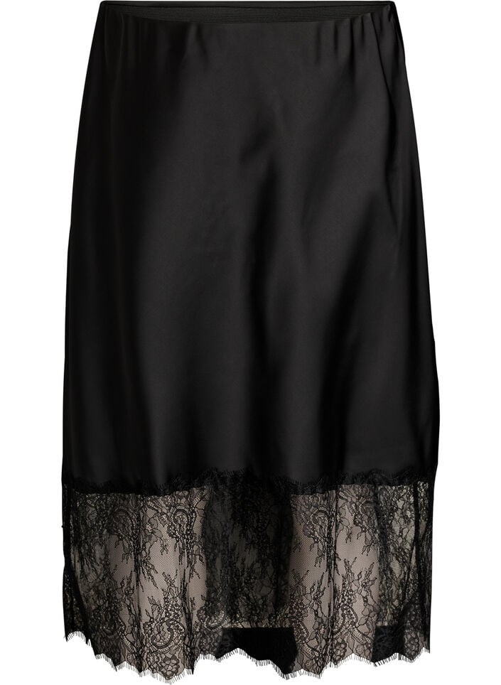 Satin-look skirt with lace trim, Black, Packshot image number 0