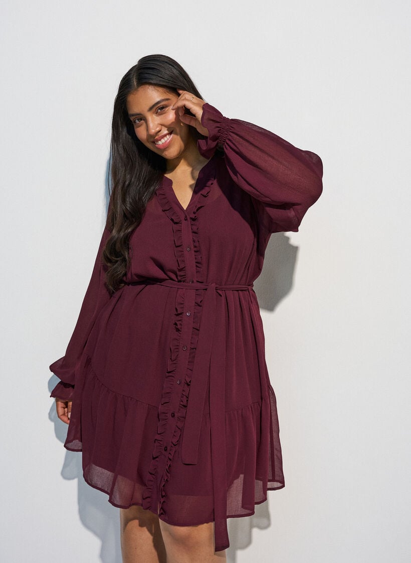 Dress in a lightweight woven fabric with ruffles and a tie-belt, Red, Model image number 0
