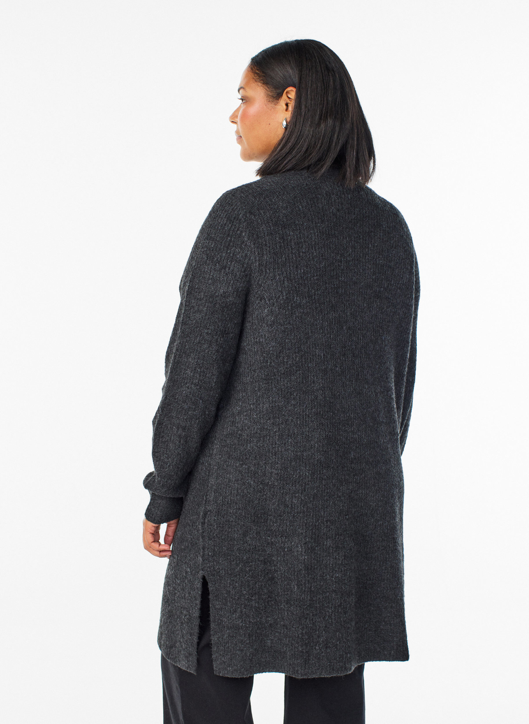 ZizzifashionLong ribbed cardigan with an open front, Dark Grey, Model image number 2