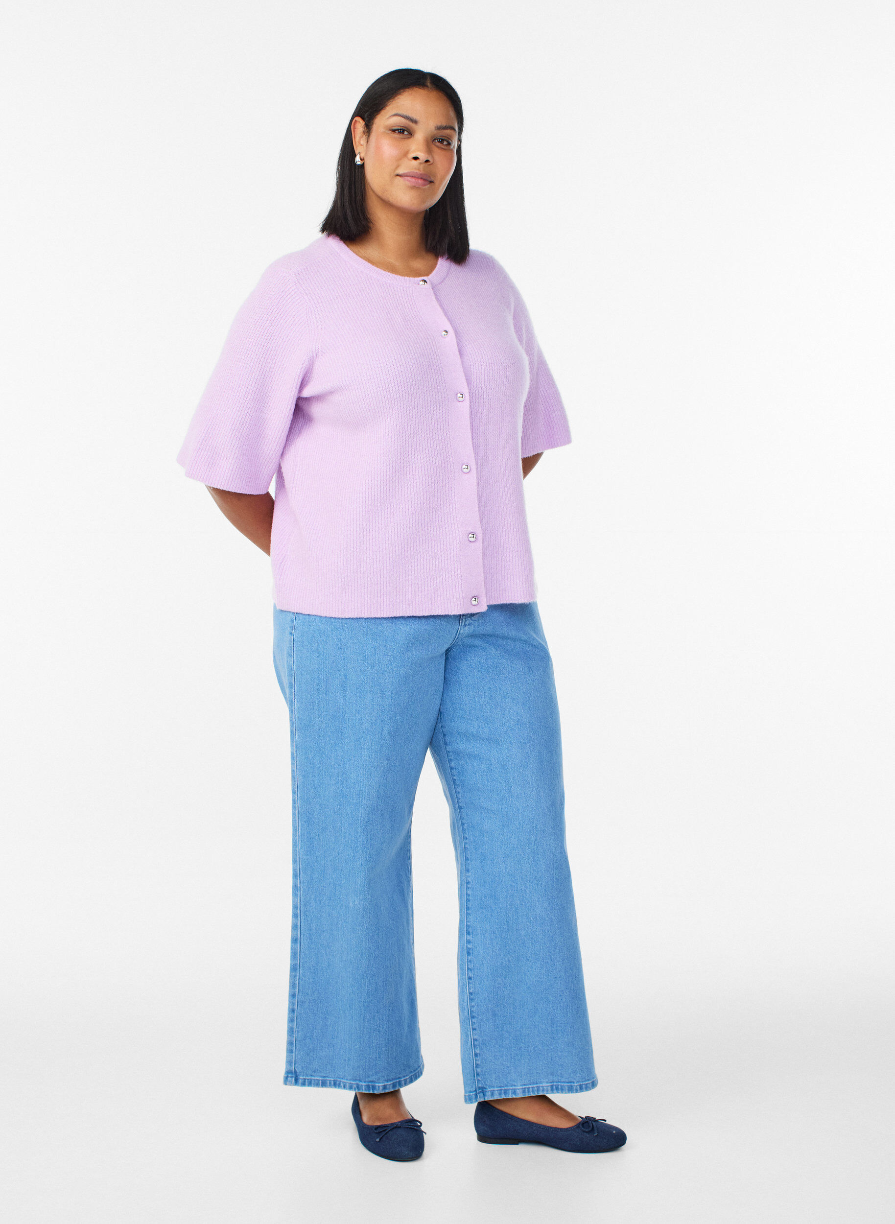 Zizzifashion Short-sleeved knit cardigan with shiny ball buttons, Purple, Model image number 1