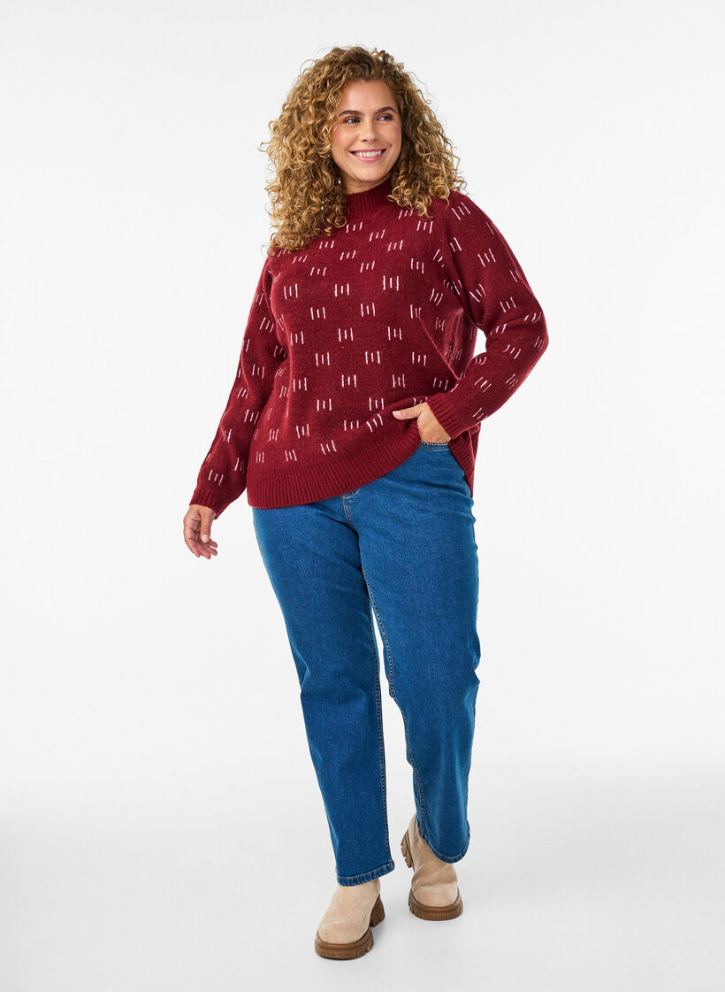 Patterned knitted top with a high neck, Dark Bordeaux, Model image number 1