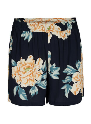 Loose-fitting shorts with elasticated waistband, Roses on Navy, Packshot image number 0