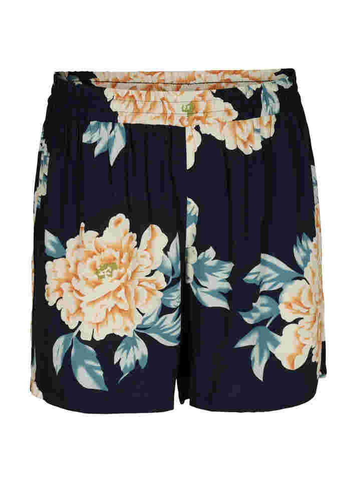 Loose-fitting shorts with elasticated waistband, Roses on Navy, Packshot image number 0