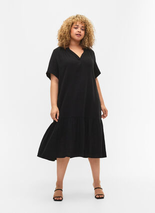 Waist dress with short sleeves in cotton, Black, Model image number 2
