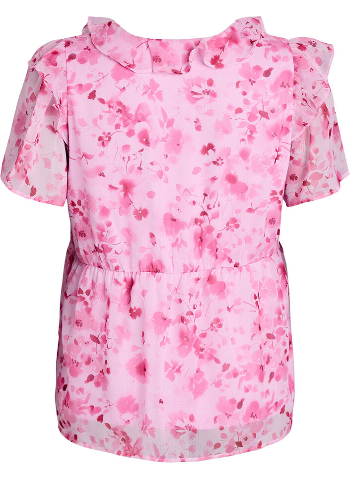 Floral blouse with a frill collar and peplum effect, Pink, Packshot image number 1