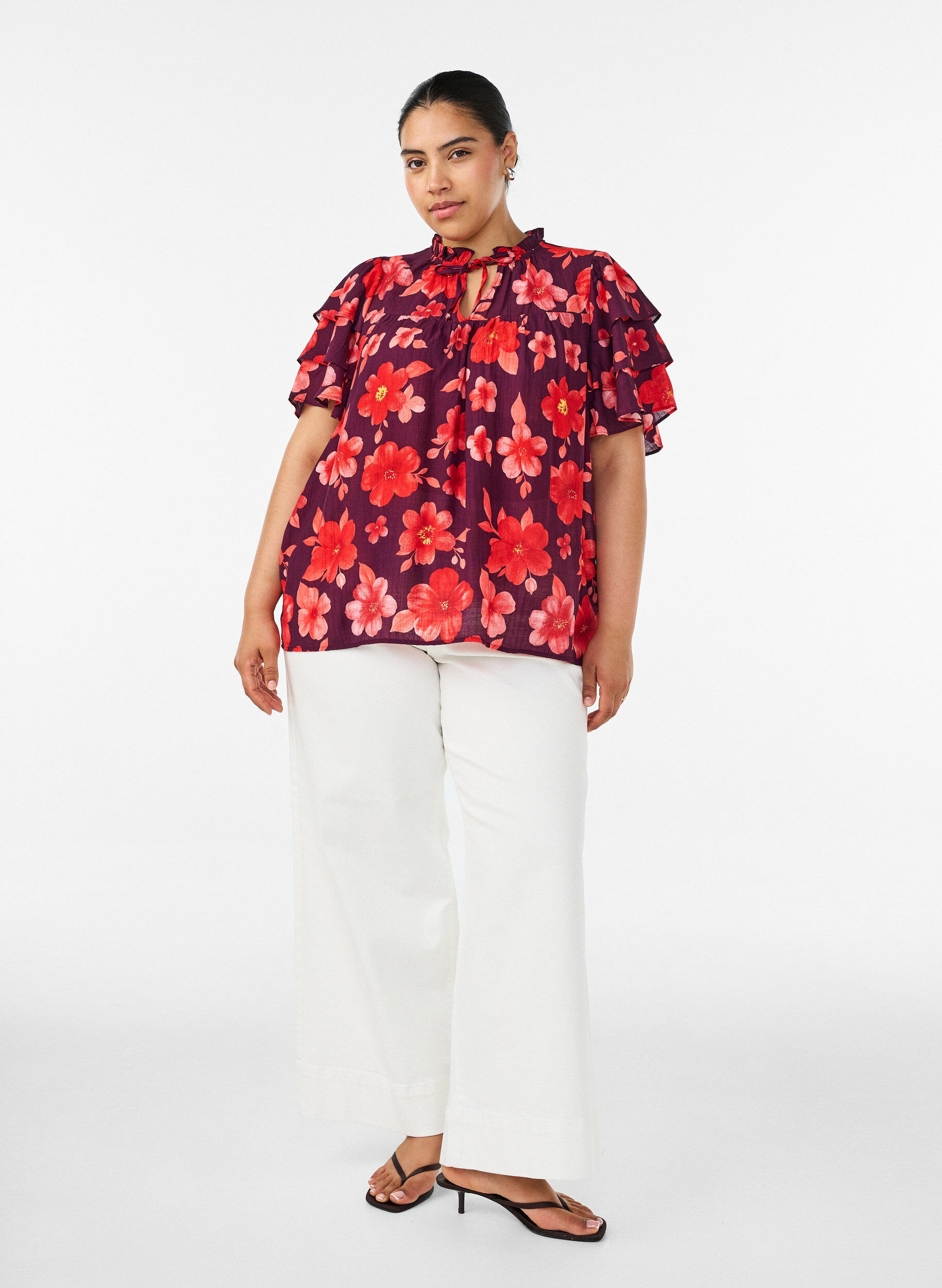 ZizzifashionFloral viscose blouse with ruffle sleeves, Purple, Model image number 1