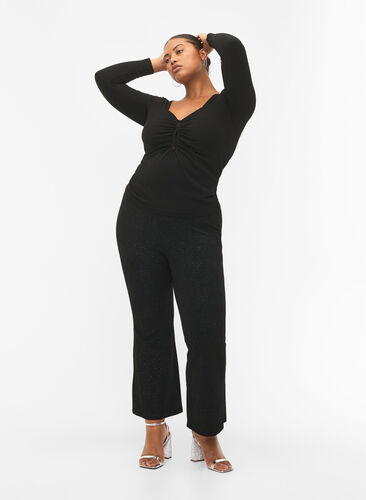 Ribbed blouse with hole detail, Black, Model image number 3