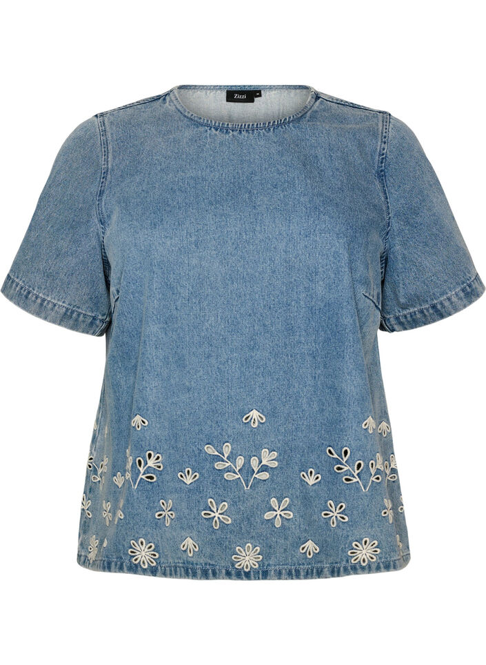 Short-sleeved denim blouse with broderie anglaise, Light Blue, Packshot image number 0