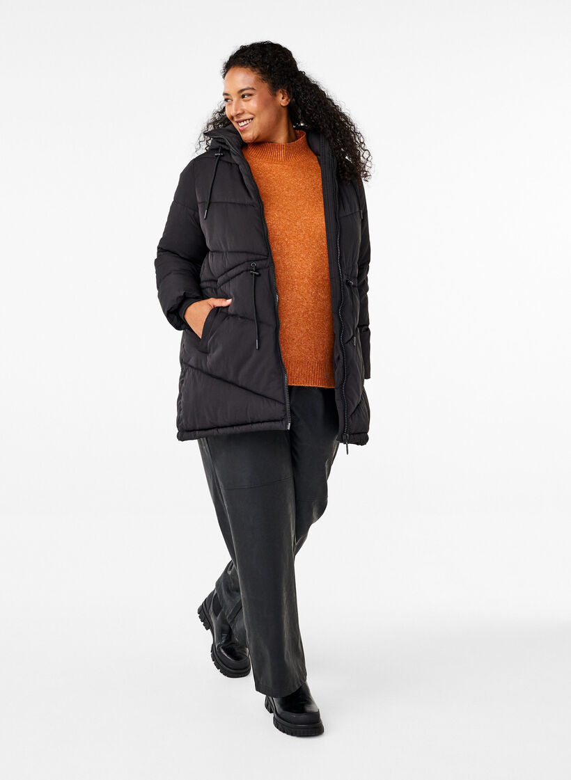 Mid-length puffer jacket with hood, Black, Model image number 1