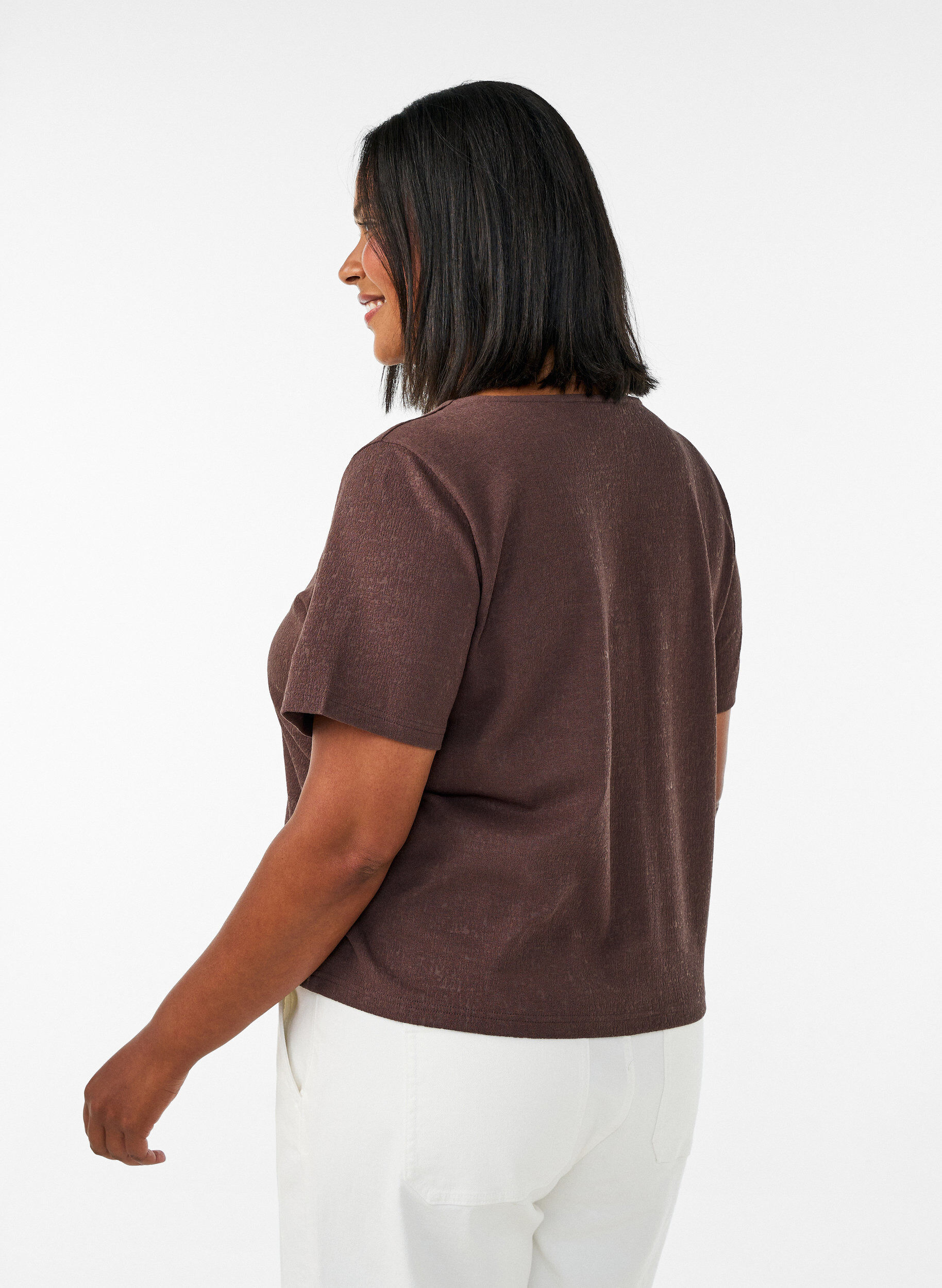 ZizzifashionTextured cotton blouse with button fastening, Brown, Model image number 2