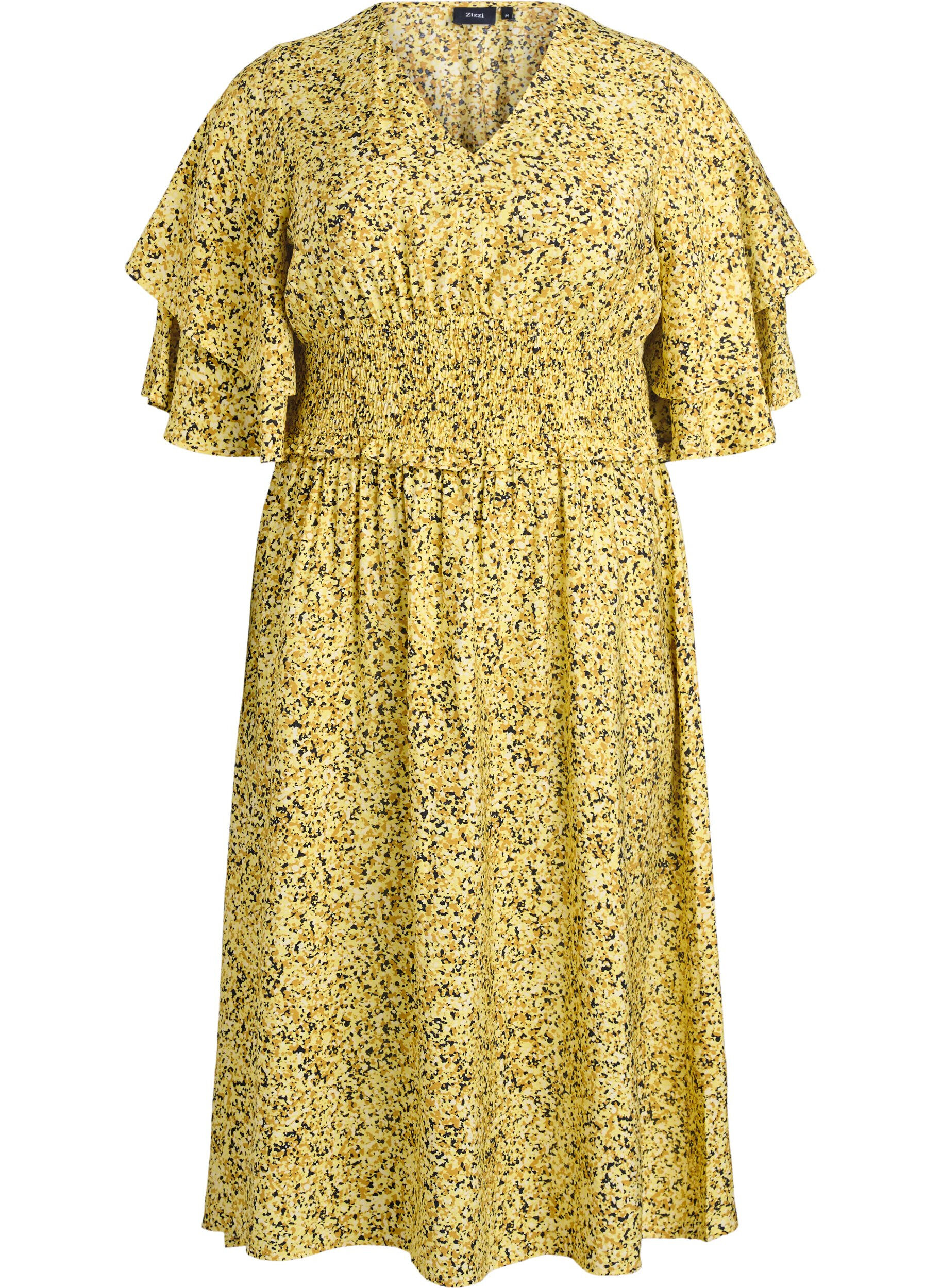 Zizzifashion Midi dress with smock and ruffle sleeves, Yellow, Packshot image number 0