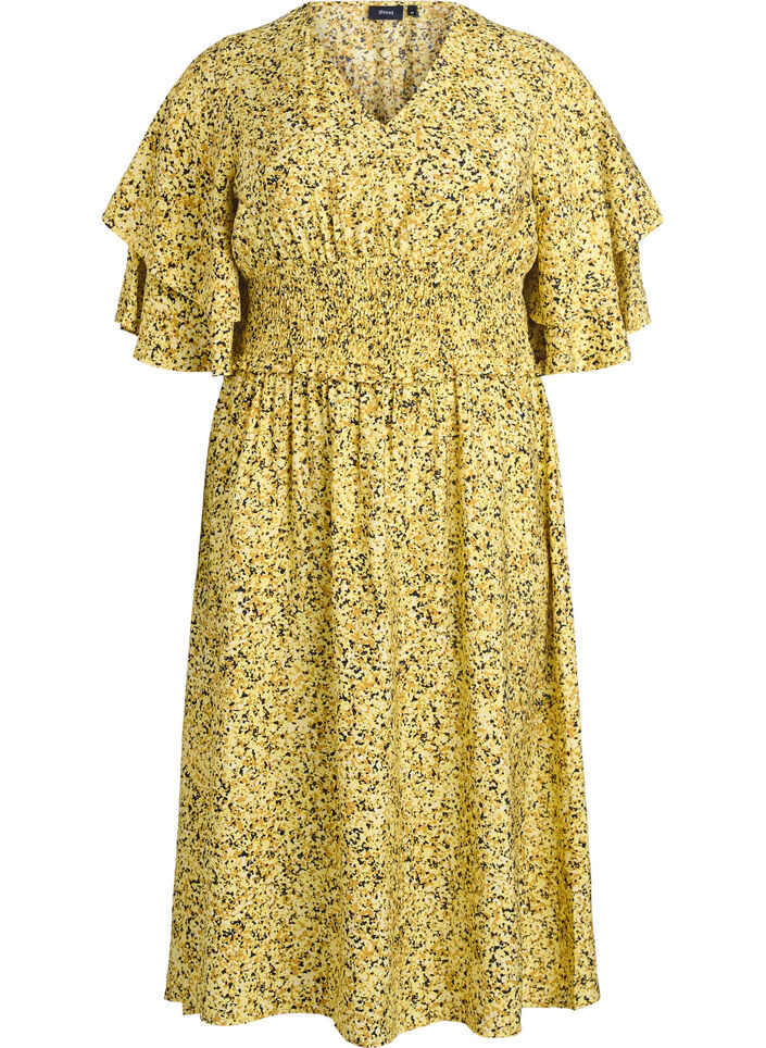 Midi dress with smock and ruffle sleeves, Yellow, Packshot image number 0