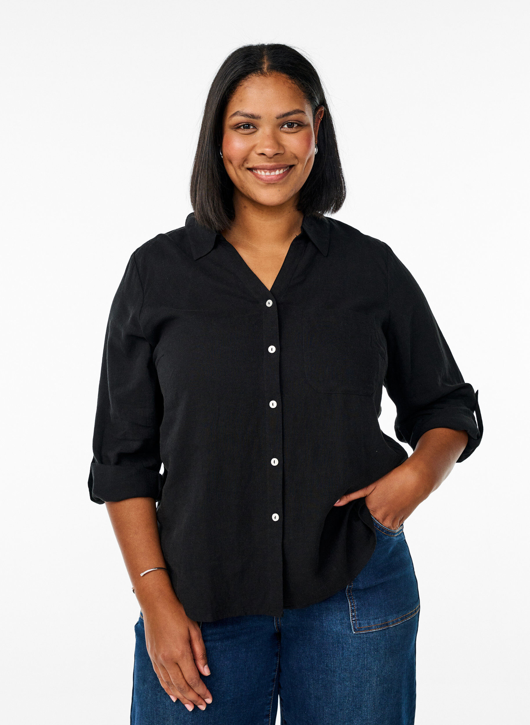 Zizzifashion Shirt in linen and viscose with 3/4 sleeves, Black, Model image number 0