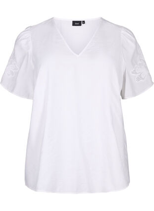 Short sleeve viscose blouse with embroidery, Bright White, Packshot image number 0