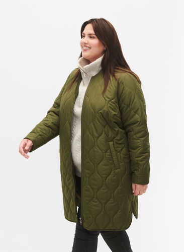 Long quilted jacket with pockets and zipper, Winter Moss, Model image number 2