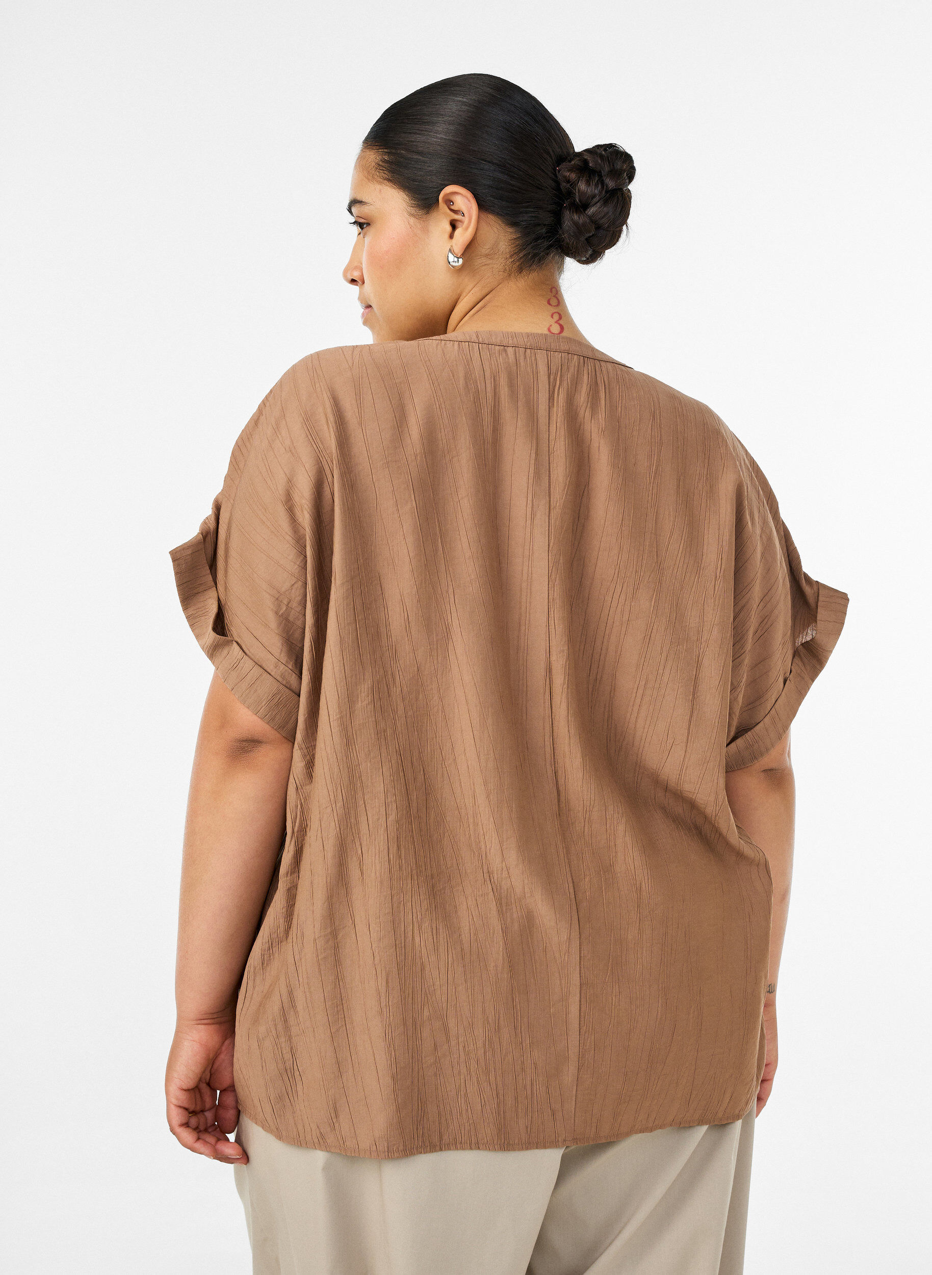 ZizzifashionViscose blouse with buttons and texture, Brown, Model image number 2