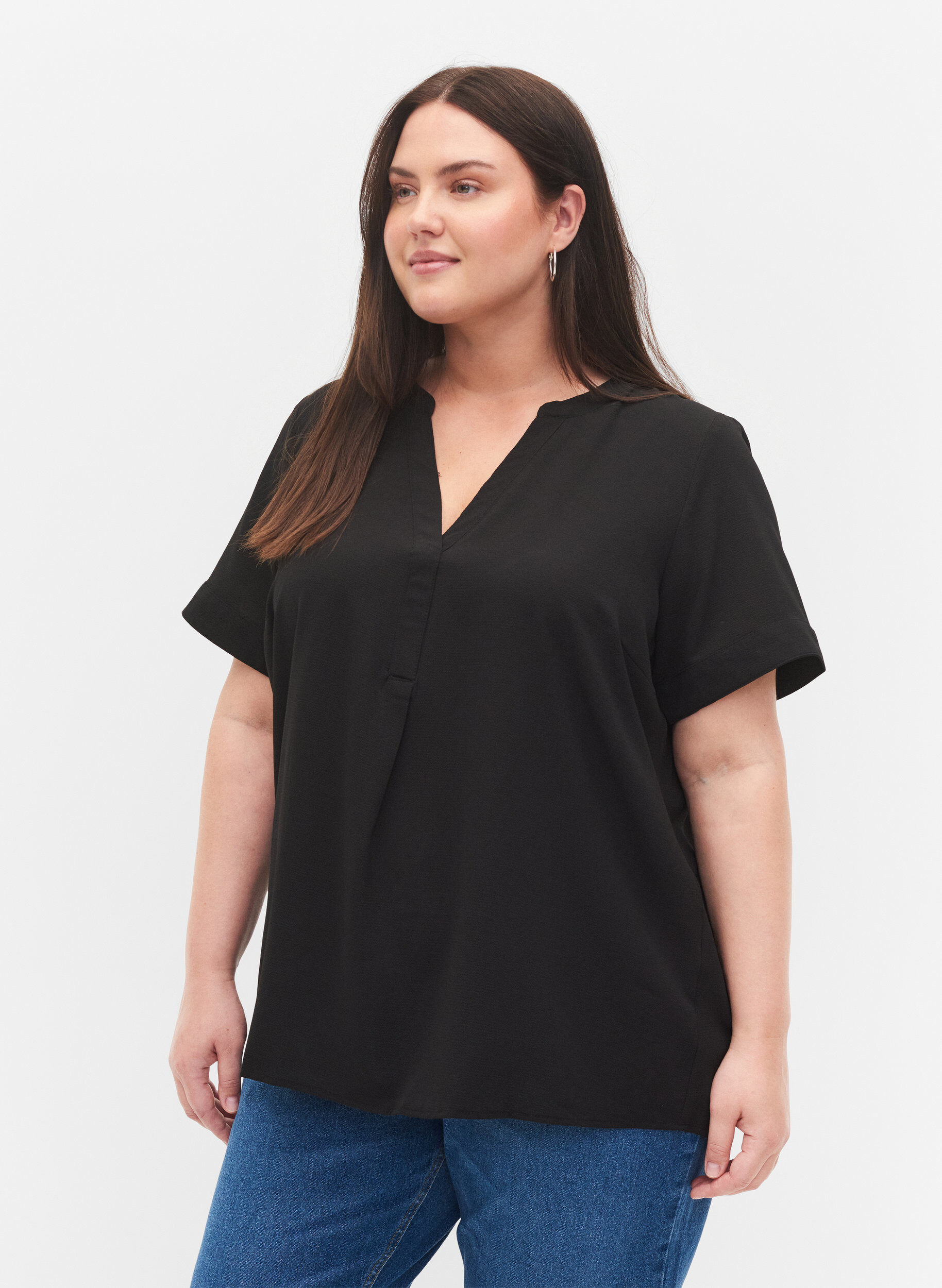 Zizzifashion Short-sleeved blouse with a V-neck, Black, Model image number 0